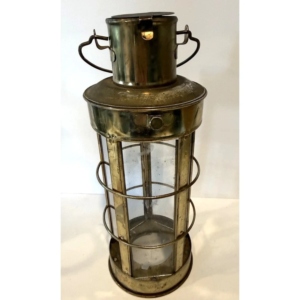 VTG Brass Marine Cargo Lantern Cylinder Glass Coastal Accent Decor Rustic Farm